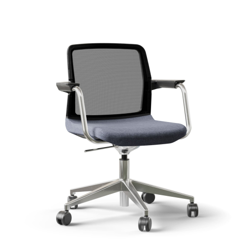 Narbutas WIND - Visitor Chair, Black Mesh Backrest, Blue Upholstered Seat, Chromed Steel Swivel Framel, Polished Aluminium Base, Polyamide Castors | Reception Rooms