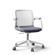 Narbutas WIND - Visitor Chair, White Mesh Backrest, Blue Upholstered Seat, Chromed Steel Swivel Framel, White Fiberglass Base, Rubber Castors | Commercial Spaces
