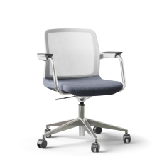 Narbutas WIND - Visitor Chair, White Mesh Backrest, Blue Upholstered Seat, Chromed Steel Swivel Framel, White Fiberglass Base, Polyamide Castors | Office & Home
