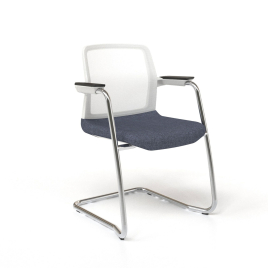 Narbutas WIND - Visitor Chair, Color Blue, White Mesh Backrest, White Upholstered Seat, Chromed Steel Cantilever Frame, Polypropylene Plastic Glides | Commercial Spaces